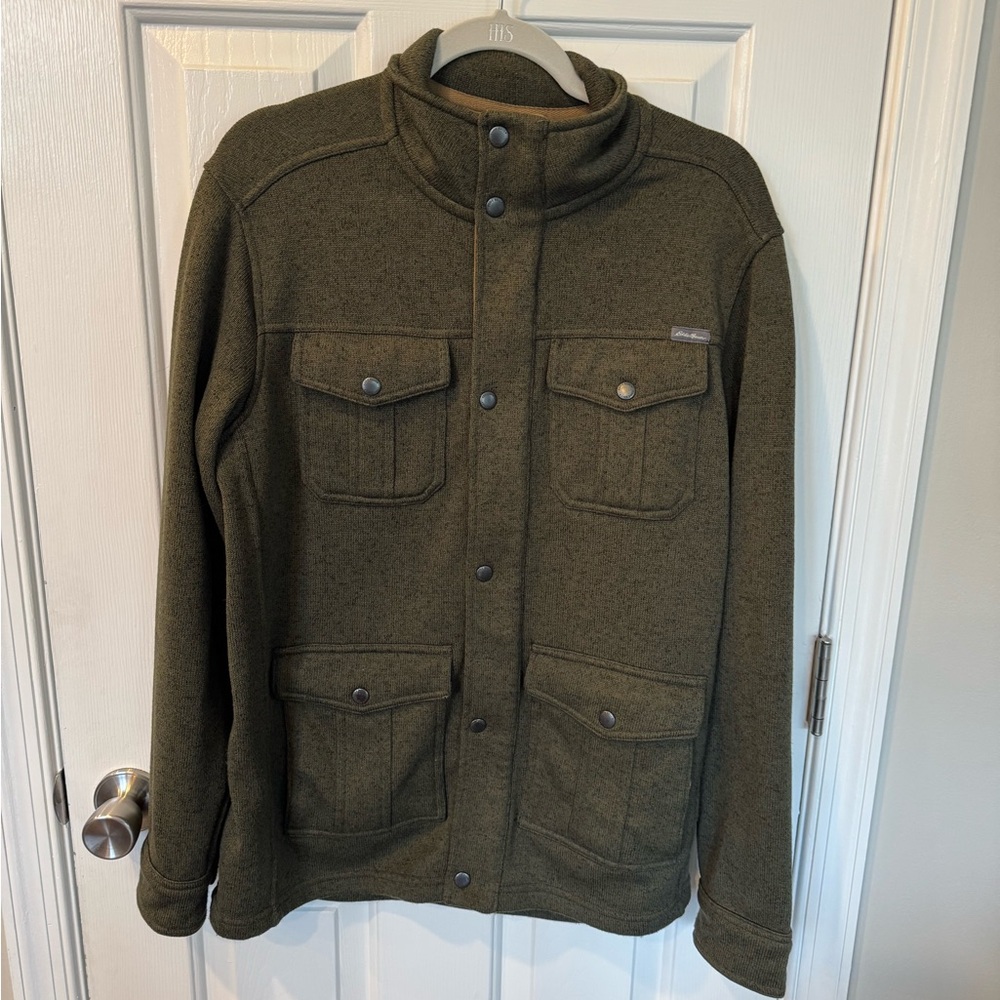 Eddie Bauer Men’s Olive Green Jacket – Snap Front Fleece Shirt Jacket Medium